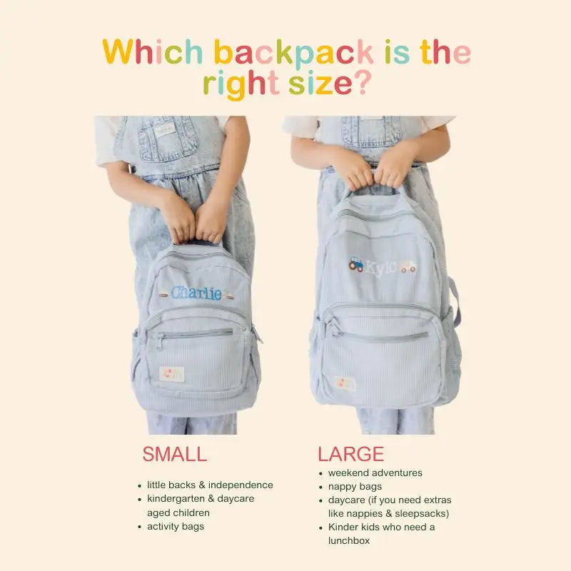 which size backpack is right for your choice. personalised corduroy backpack