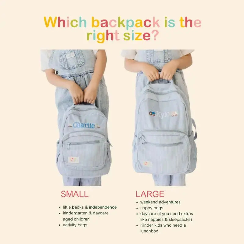 Personalised Kids Backpack — Soft Corduroy in , embroidered in Melbourne by Weary Theory