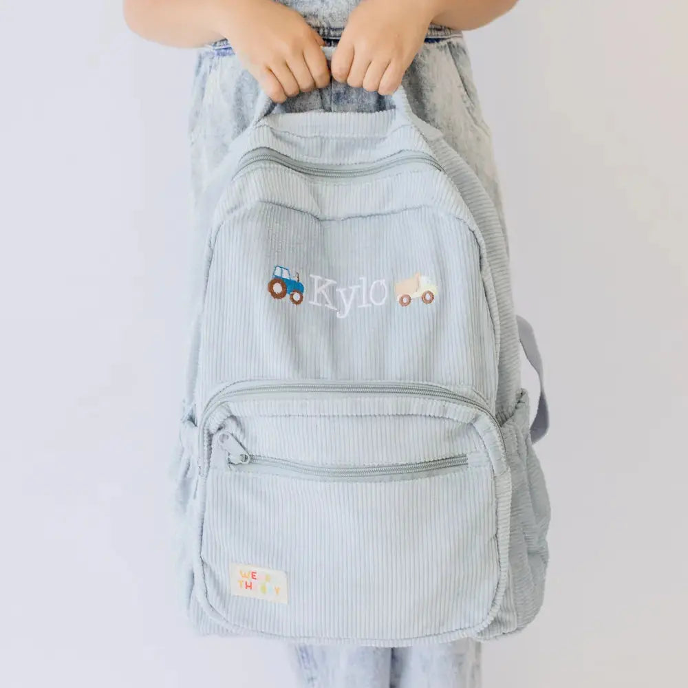Personalised Kids Backpack — Soft Corduroy in , embroidered in Melbourne by Weary Theory