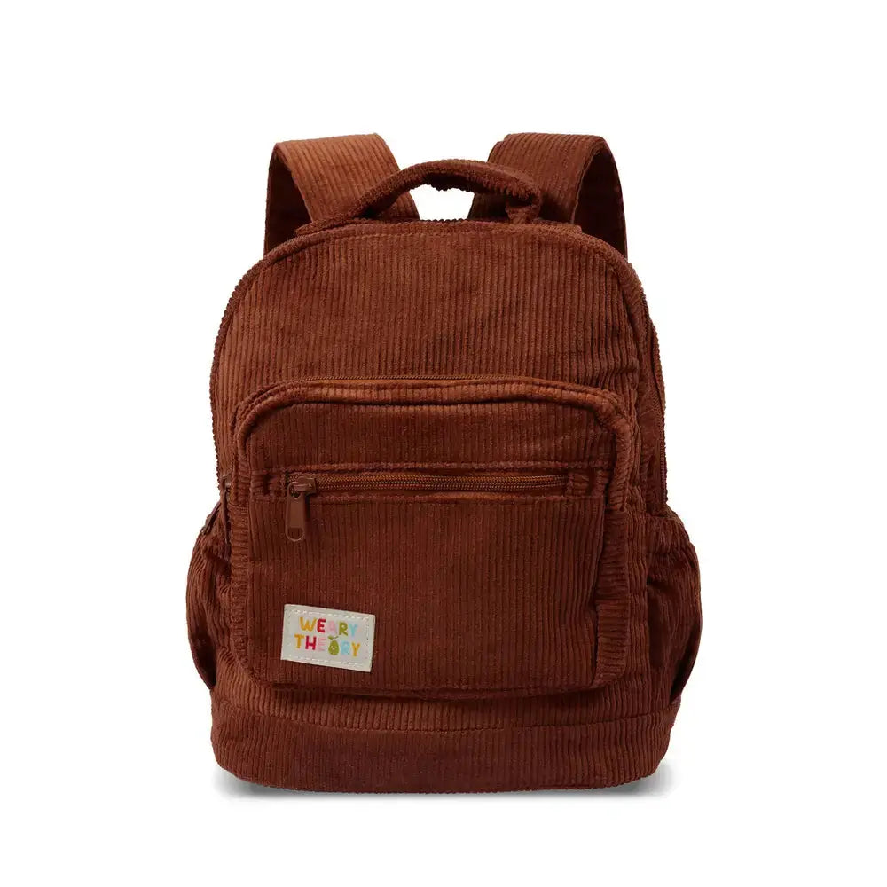 Personalised toddler backpack in corduroy – brown color. Child wearing custom name daycare backpack