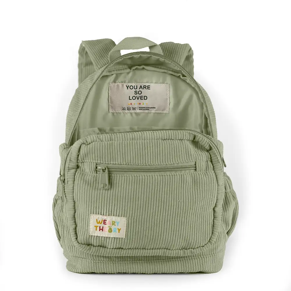 Side angle view of Pear Corduroy Backpack