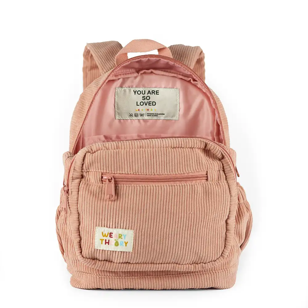 Side angle view of Strawberry Corduroy Backpack