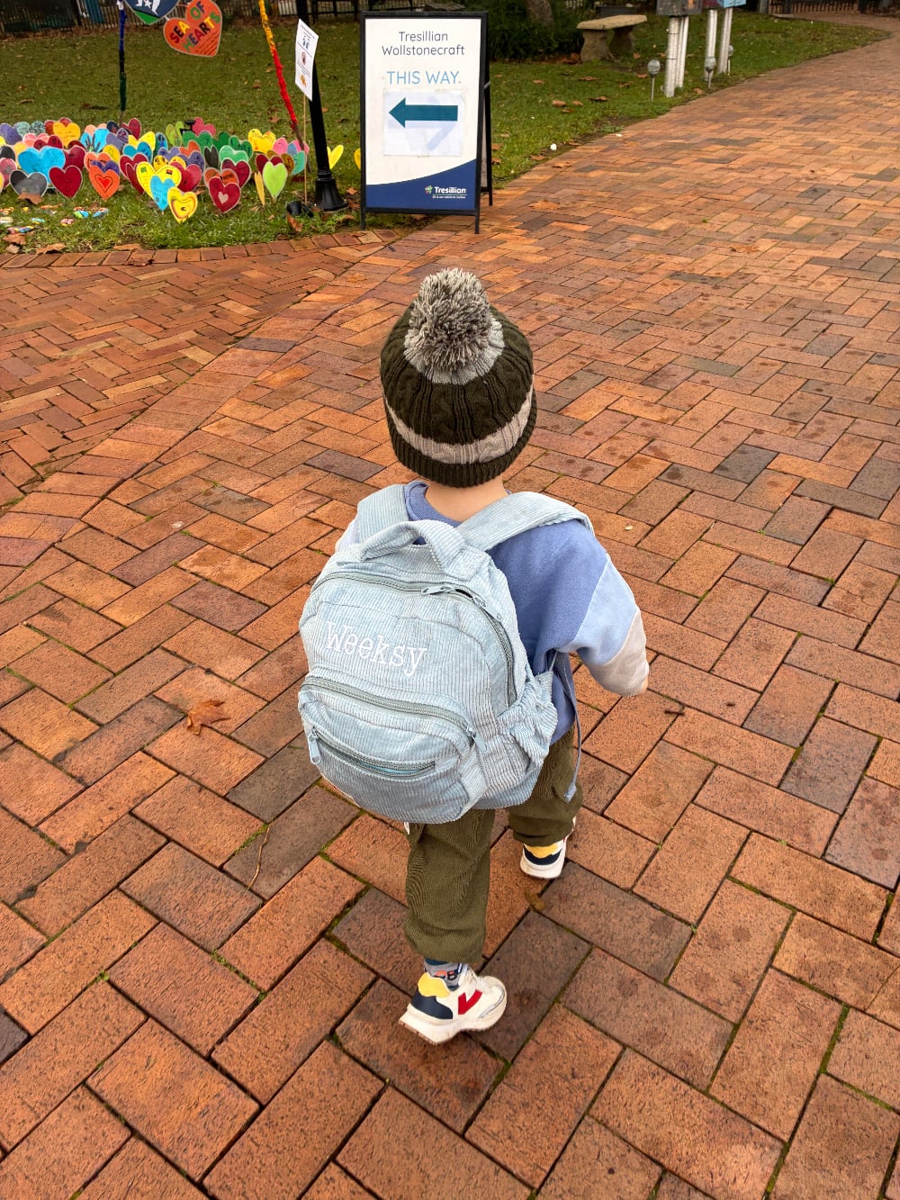 Personalised corduroy kids backpack lifestyle — child outdoors