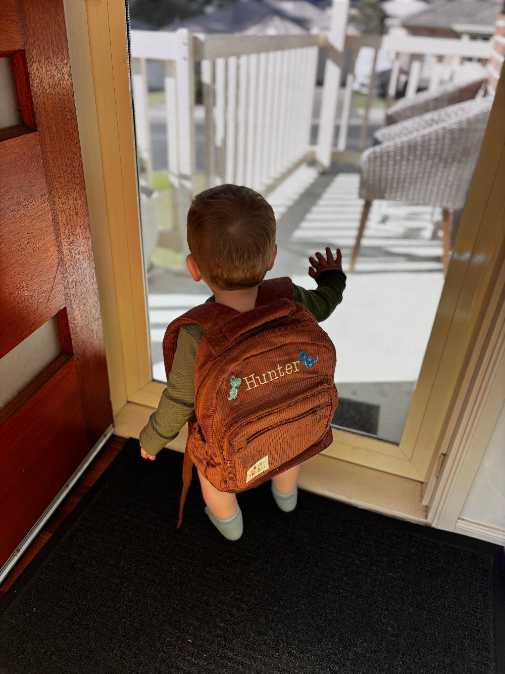 Personalised corduroy kids backpack lifestyle 