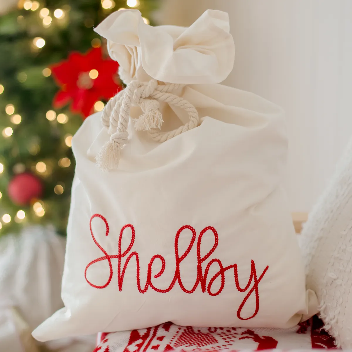 White Santa sack with embroidered name