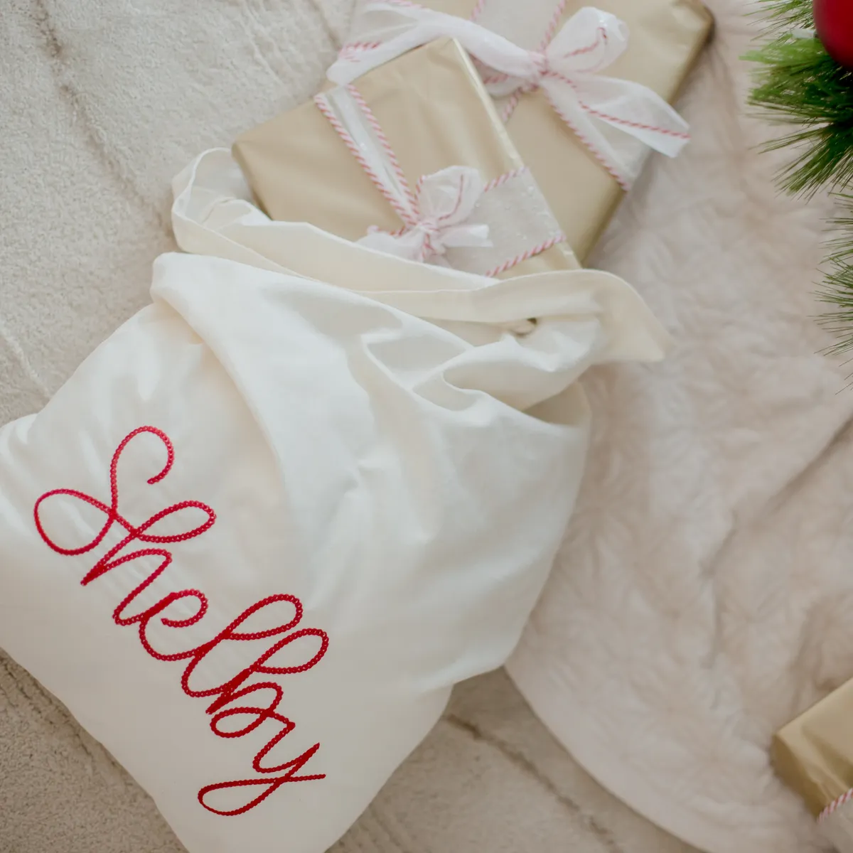 White Santa sack with embroidered name